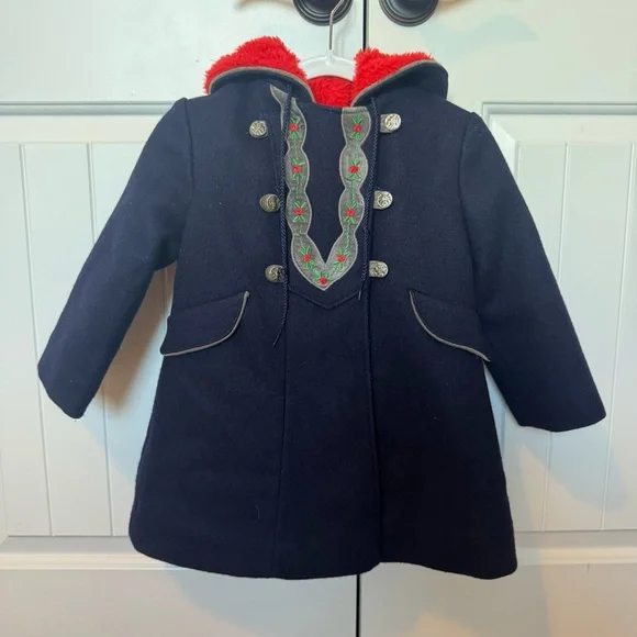 Vintage Rothschild Embroidered Navy Blue & Red Wool Fleece Lined Pea coat Size 4 - Picture 1 of 10